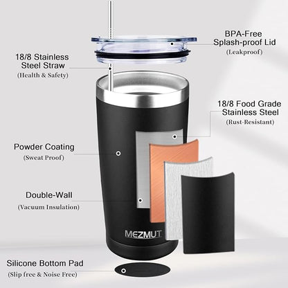MEZMUT 20oz Tumbler Coffee Travel Mug with Lid and Straw, 4 Pack Stainless Steel Double Wall Vacuum Spill Proof Insulated Tumbler, Hot or Iced Coffee Cups for Drinks (4Pcs, Black)