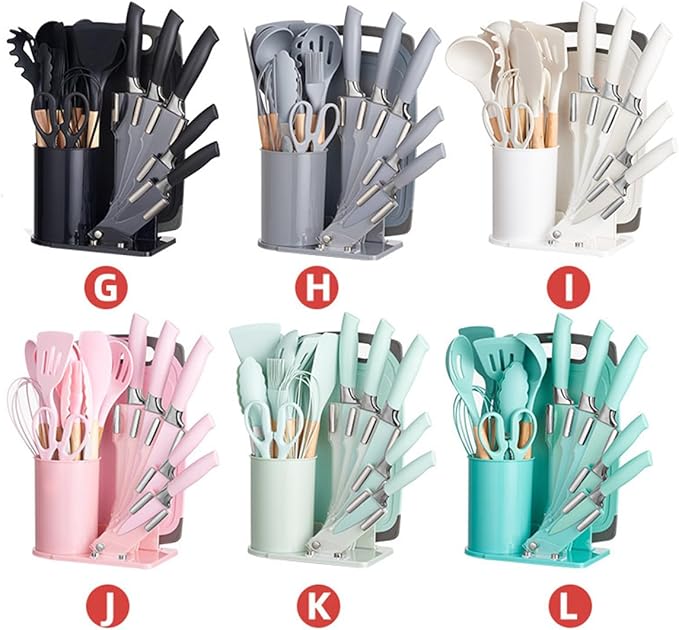19 Pieces Kitchen Cooking Utensils and Knife Set with Holder Block, Include 11 Pcs Silicone Cooking Utensils 5 Pcs Sharp Stainless Steel Knives Scissors Whisk Tongs and Cutting Board (LIGHT BLUE)
