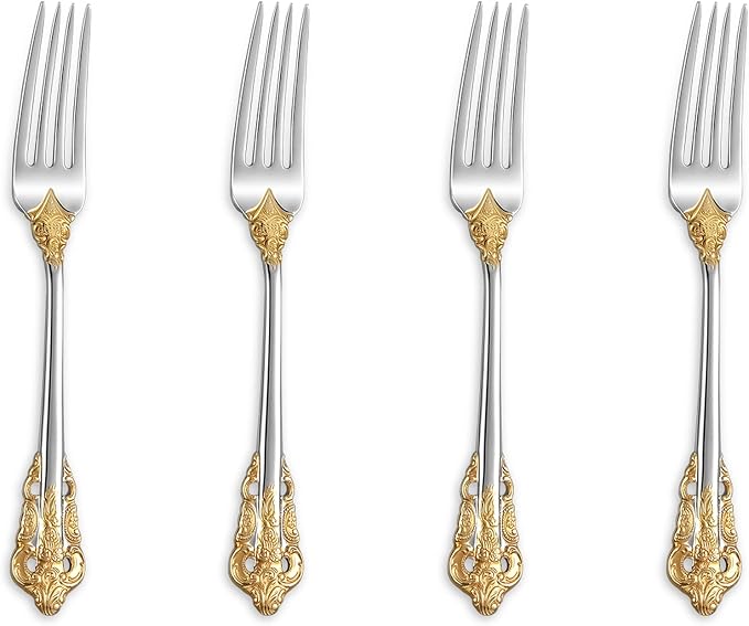 KEAWELL Luxury 5.9" Appetizer Forks, 18/10 Stainless Steel, Set of 4, Gorgeous Cocktail Forks/Dessert Forks (Gold Accent)