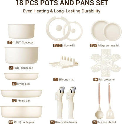 Ammeloo 18-Piece Ceramic Pots and Pans Set Non Stick, Non Toxic Cookware Set with Removable Handles, Pot Sets for Cooking, Induction Ready, Dishwasher & Oven Safe, PFAS PFOA & PTFE Free (Cream White)