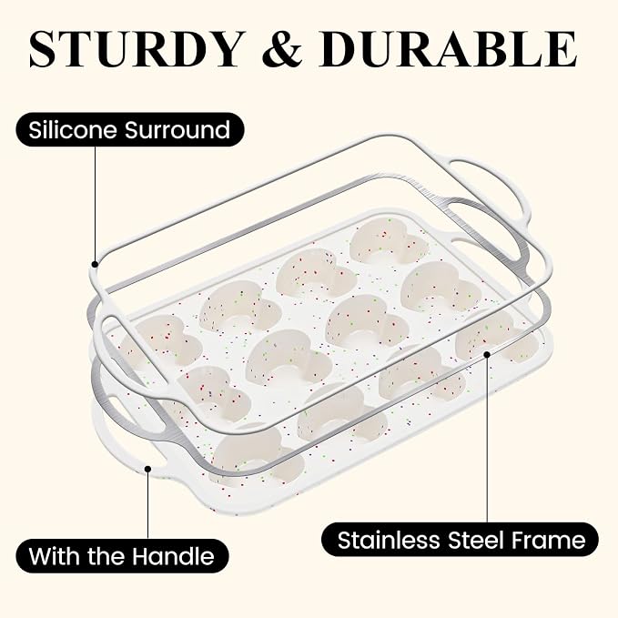FUNBAKY 2 Pcs Heart Shaped Silicone Muffin Pan，Metal Reinforced Frame, 12-Cavity Nonstick Silicone Heart Mold for Muffins, Cupcakes, Bread,Chocolate Muffin and Tartlets