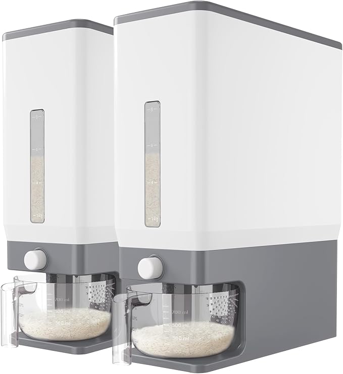 Lifewit 2 Pack Rice Dispenser 25 Lbs(11.3kg), Rice Storage Container Sealed Moisture Proof with Measuring Cup for Kitchen Pantry Household, BPA-Free, Grey