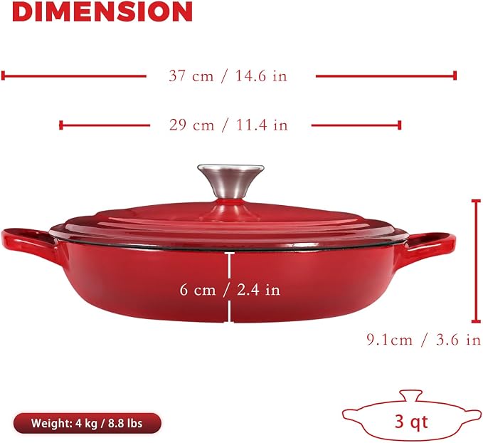 Flavehc Braiser Enameled Cast Iron Braiser 3 QT, Cast Iron Braiser Pan with Lid for Bread Baking, Soup & One Pot Meals, Small Shallow Dutch Oven Casserole for Oven & Induction, Red