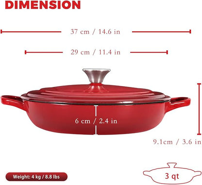 Flavehc Braiser Enameled Cast Iron Braiser 3 QT, Cast Iron Braiser Pan with Lid for Bread Baking, Soup & One Pot Meals, Small Shallow Dutch Oven Casserole for Oven & Induction, Red