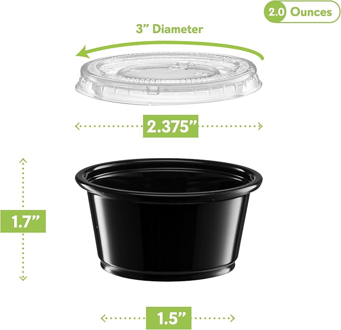 2 oz - 100 Sets Black Diposable Plastic Portion Cups With Lids, Small Mini Containers For Portion Controll, Jello Shots, Meal Prep, Sauce Cups, Slime, Condiments, Medicine, Dressings, Crafts