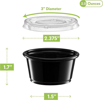 2 oz - 100 Sets Black Diposable Plastic Portion Cups With Lids, Small Mini Containers For Portion Controll, Jello Shots, Meal Prep, Sauce Cups, Slime, Condiments, Medicine, Dressings, Crafts