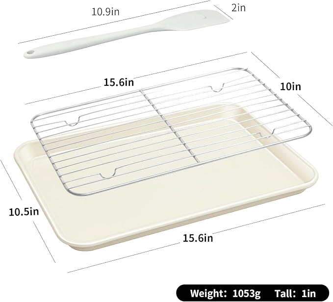 7PCS Nonstick Baking Sheet Set - 10x15in Jelly Roll Pan with Wire Rack, Silicone Spatula & 4 Cookie Cutters, Thickened Carbon Steel, Oven Safe 450°C, Sunshine Cream