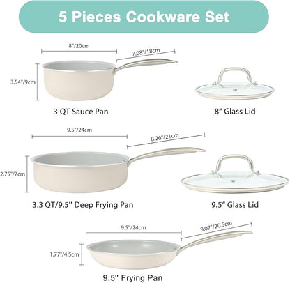 Pots and Pans Set Nonstick, 5-Piece Ceramic Cookware Set, Stainless Steel Handles, Induction Compatible & Oven Safe, Non Toxic Healthy Cooking Set for RV & Apartments, Cream White