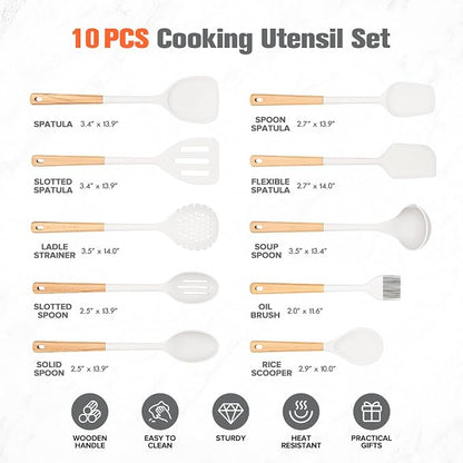 Silicone Cooking Utensils Set of 10 with Wooden Handle,No Scratch for Nonstick Cookware,Slotted Spoon&Spatula,Solid Spoon&Spatula,Large Measuring Ladle,Brush,Rice Paddle,Baking Turner&Flipper (White)