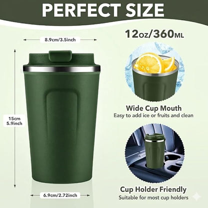 Volhoply 12 oz Double Wall Insulated Vacuum Travel Coffee Mugs with Flip Lid Bulk 2 Pack,Reusable Stainless Steel Leak Proof Coffee Cup,Portable Thermal Tumbler for Cold & Hot Drinks(Army Green,2 Set)