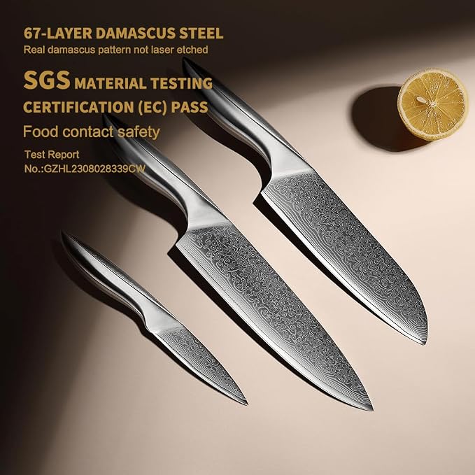 3 PCS Damascus Chef Knife Set, Ultra-Smooth Cutting Experience and Professional Grade Sharp, Kitchen Knife Set,Handle Ergonomic Design,9CR18MOV High Carbon Stainless Steel,Dishwasher Safe