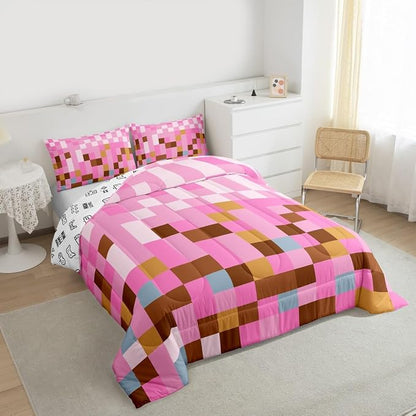 Manfei Pixelated Grid Bedding Set for Boys Girls,Games Gamepad Miners All Season Cozy Comforter Set Full Size,Geometric Grid Square Pink Blocks Duvet Set Bedroom Decor,Personalized Birthday Gifts