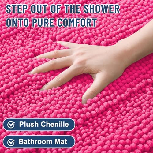 Grandaily Chenille Striped Bathroom Rugs 24x16, Extra Thick and Absorbent Bath Mats, Non-Slip Soft Plush Shaggy Shower Carpet, Machine Wash Dry, Bath Rug for Bathroom, (Small, Deep Pink)