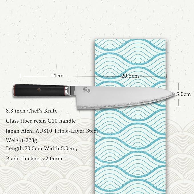 Japan Aichi AUS10 Triple Layer Composite Steel 8.3-inch Chef's Knife， Gyuto，Meat Cleavers，G10 Handle, Forged Kitchen Knife，Black Walnut Knife Sheath Set
