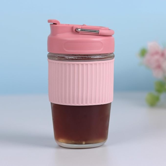Sivaphe Reusable Glass Ice Hot Coffee Cup 16 oz, Portable Travel Mug with Spill-Proof Lid and Thermal Sleeve for Home Office Pink