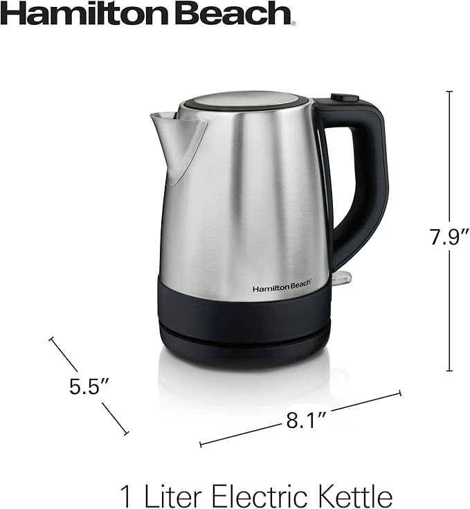 Hamilton Beach Electric Tea Kettle, Water Boiler & Heater, 1 L, Cordless, Auto-Shutoff & Boil-Dry Protection, Stainless Steel (40998)