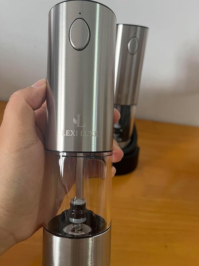 Electric Salt and Pepper Grinder Set, Rechargeable USB-C Automatic Grinder with Charging Base, LED Light, Adjustable Coarseness – Stainless Steel Pepper Mill Set (SILVER)