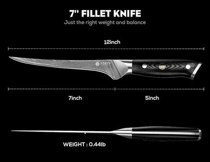 Damascus Fillet knife 7 Inch - Ultra-Sharp Fillet Knife for Fish and Meat, Professional Japanese Boning Style with VG10 Steel Core, Full Tang G10 Handle, Elegant Box