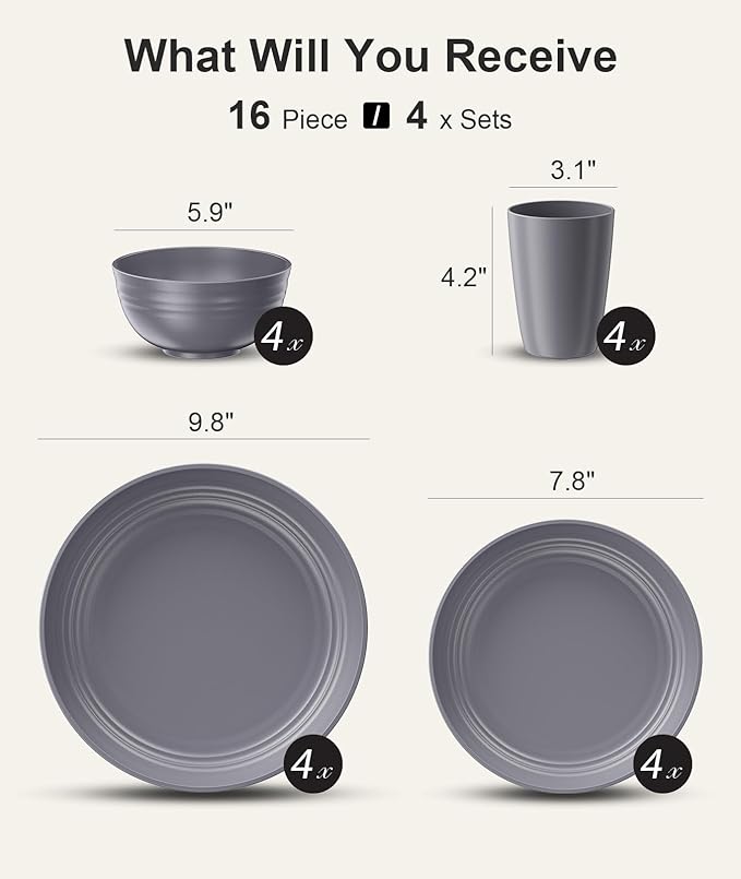 Quatish 16 Piece Plates and Bowls Sets for 4, Unbreakable Dinnerware Sets, Plastic Dish Set for Camping, Dishwasher Microwave Safe, Outdoor Kitchen and Apartment Dinning RV Essentials, Grey