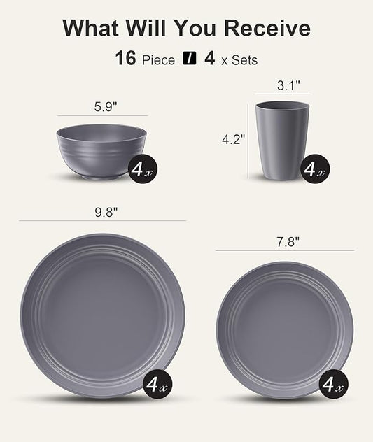 Quatish 16 Piece Plates and Bowls Sets for 4, Unbreakable Dinnerware Sets, Plastic Dish Set for Camping, Dishwasher Microwave Safe, Outdoor Kitchen and Apartment Dinning RV Essentials, Grey