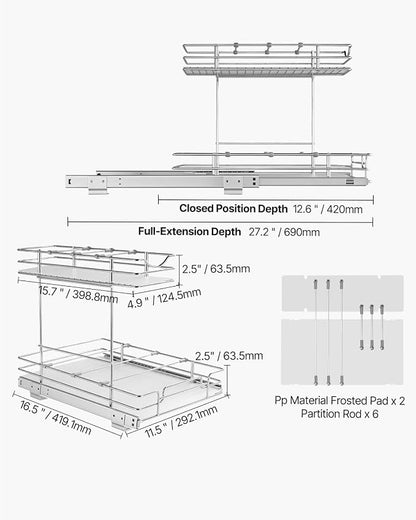 VEVOR 2 Tier Pull Out Cabinet Organizer, 12"W x 17"D Slide Out Pantry Shelves, Sliding Drawer Storage, Chrome-Plated Steel Heavy Duty Roll-out Drawers, for Inside Kitchen Cabinet, Bathroom, Under Sink