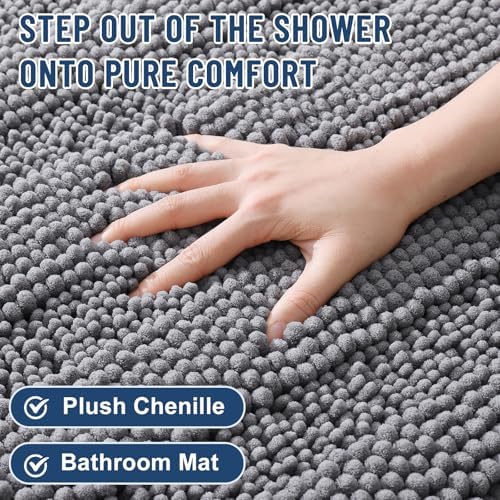 Grandaily Chenille Striped Bathroom Rugs 47x17, Extra Thick and Soft Absorbent Bath Mats, Rubber Backing, Plush Shaggy Shower Carpet, Machine Wash Dry, Bath Rug for Bathroom, Grey