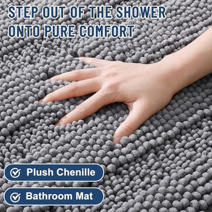 Grandaily Chenille Striped Bathroom Rugs 30x20, Extra Thick and Soft Absorbent Bath Mats, Rubber Backing, Plush Shaggy Shower Carpet, Machine Wash Dry, Bath Rug for Bathroom, Grey