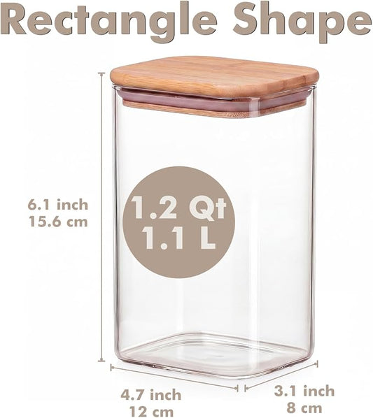 6-Pack 1.2Qt Rectangle Glass Storage Jars with Bamboo Lids | Minimalist Kitchen Organizer,Pantry Storage Container,Food Storage Container,Scandinavian Style Storage,Nordic Style Storage