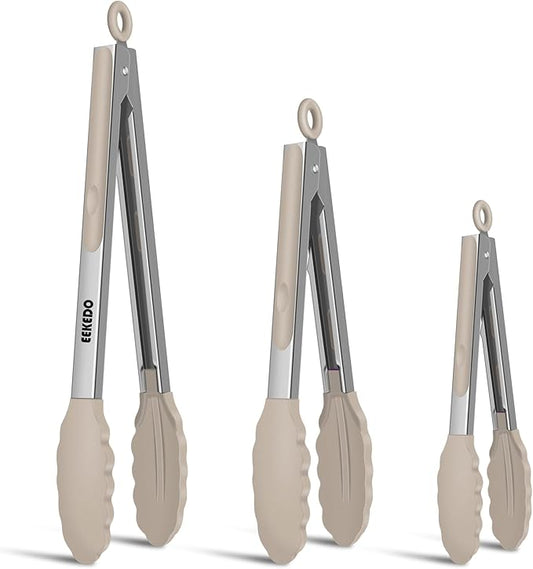 Kitchen Tongs, Stainless Steel Cooking Tongs with Silicone Tips, 600ºF High Heat-Resistant Non Scratch Locking Tongs for Cooking BBQ Grilling Air Fryer Pans, Set of 3 (7" 9" and 12") Beige