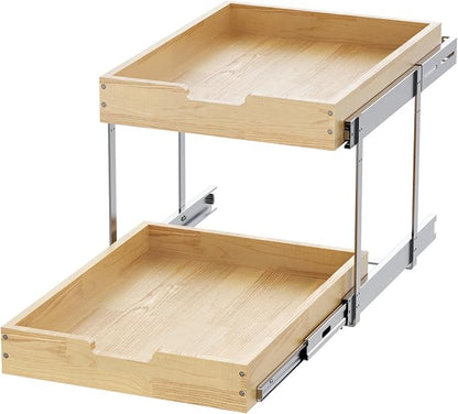 Sikarou Wood Pull Out Cabinet Organizer 2 Tie 17" W x 21" D, Heavy-Duty Sliding Drawers for Inside Cabinets Storage and Organization for Kitchen, Pantry, Bathroom