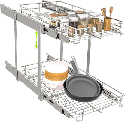 EZKAZA Pull Out Cabinet Organizer 11.5" W x 21" D, 2-Tier Kitchen Cabinet Pullout Shelf and Drawer Organizer Slide Out Pantry Storage Basket, 10.2" W x 21" D x 2.4" H for Bottom Basket Size