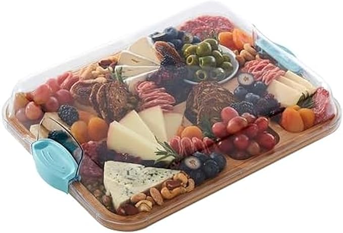 Farberware Build-A-Board Bamboo Cutting Board with Built-in Compartments and Clear Locking Lid with Blue Handles, Perfect for Charcuterie, Snacks, and More
