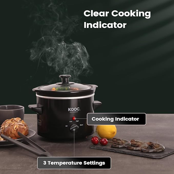 KOOC Small Slow Cooker, 2-Quart, Free Liners Included for Easy Clean-up, Upgraded Ceramic Pot, Adjustable Temp, Nutrient Loss Reduction, Stainless Steel, Black, Round…