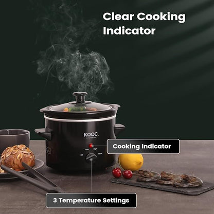 KOOC Small Slow Cooker, 2-Quart, Free Liners Included for Easy Clean-up, Upgraded Ceramic Pot, Adjustable Temp, Nutrient Loss Reduction, Stainless Steel, Black, Round…