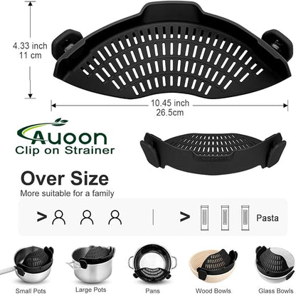 Large AUOON Clip on Strainer for All Pots and Pans - Oversized Silicone Pot Strainer Family-Style Design Pasta Strainer Kitchen Colander for Spaghetti and Noodles | Dishwasher Safe