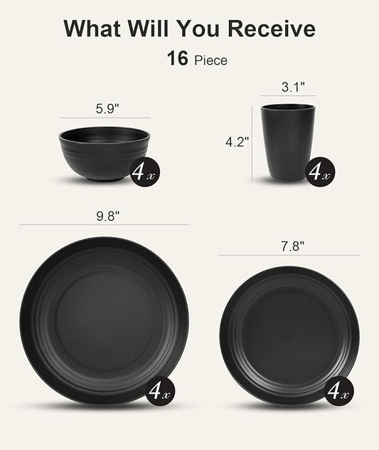 Quatish 16 Piece Plates and Bowls Sets for 4, Unbreakable Dinnerware Sets, Dish Set for Camping, Dishwasher Microwave Safe, Outdoor Kitchen and Apartment Dinning RV Essentials, Black