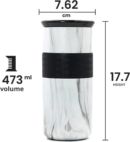 Elemental Artisan Insulated Tumbler, Triple Wall Coffee Travel Tumbler, Reusable Stainless Steel with Ceramic Lid, Thermal Coffee Cup for Hot (6 Hrs) & Cold (18 Hrs) 16oz - White Marble