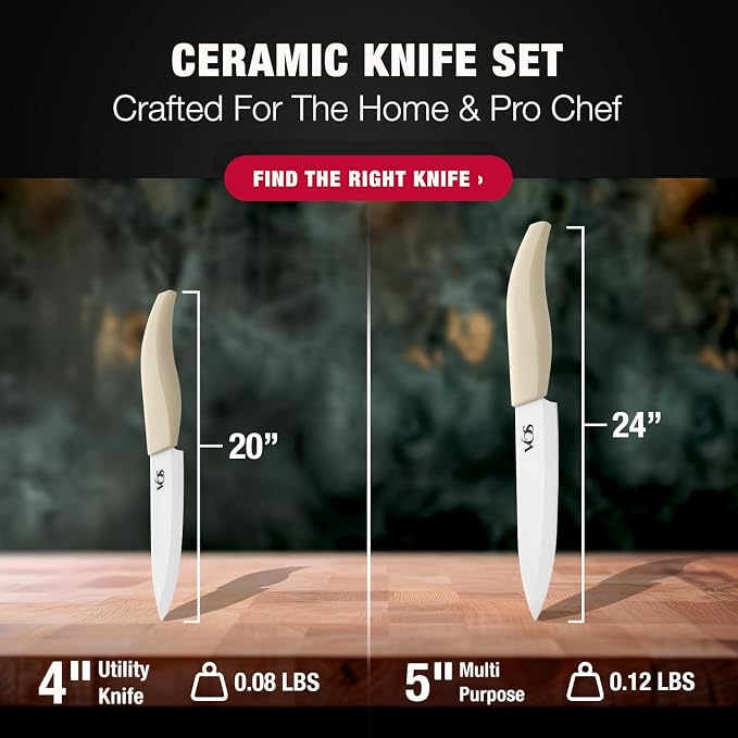 Vos ceramic knives set for kitchen in gift box, set of 2 ceramic knife with cover, 5.5" santoku & 4.5" utility for home cooks, Ultra Sharp, lightweight, rust-free, dishwasher safe (Off-white handle)