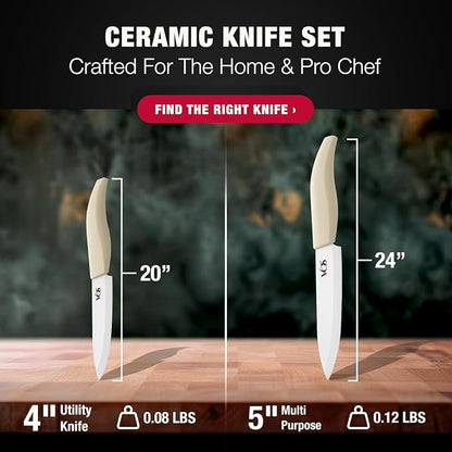 Vos ceramic knives set for kitchen in gift box, set of 2 ceramic knife with cover, 5.5" santoku & 4.5" utility for home cooks, Ultra Sharp, lightweight, rust-free, dishwasher safe (Off-white handle)