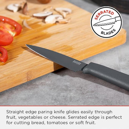 Kuhn Rikon COLORI+ Non-Stick Straight and Serrated Paring Knives with Safety Sheaths, Set of 2, Orange and Green