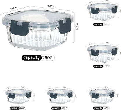 Glass Fluted Ombre grey Leak-Proof 6-Piece Set Food Storage Containers, Food Containers with Lids, Meal Prep Containers. (Square)