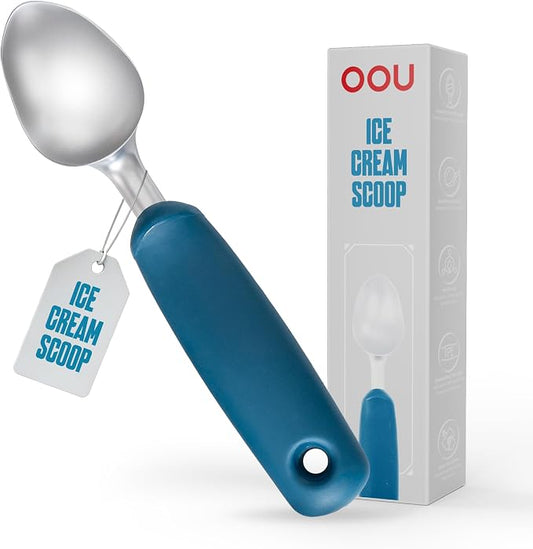 OOU Ice Cream Scoop, Stainless Steel Dessert Scoop with Premium Zinc Alloy Construction, Comfortable Ergonomic TPE Non-Slip Grip Handle, Blue