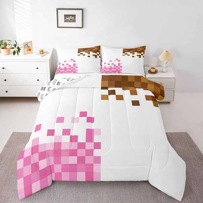 Manfei Game Pixelated Theme Kids Comforter Toddler Size,Patchwork Grid Quilt Set for Kids Boys Girls Bedroom Decor,Video Games Bedding Set,Pink Brown Duvet Insert,1 Pillowcase