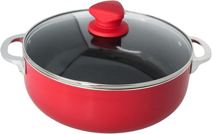 IMUSA 3.2 Qt Red Aluminum Dutch Oven with Black Ceramic Nonstick, Glass Lid & Riveted Handles – Oven Safe Caldero for Everyday Cooking
