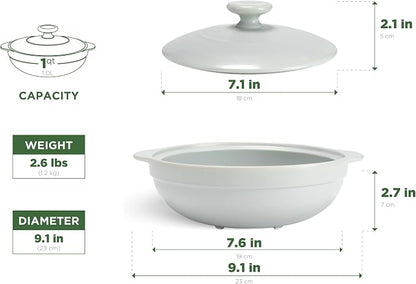 MINH LONG 1-Qt Porcelain Dutch Oven with Lid – Lead & Cadmium Free, Oven Safe to 482°F, Heat Retention, Clay Pot for Cooking on Gas & Infrared Cooktop, Use to Marinate, Cook, Bake, Refrigerate & Serve