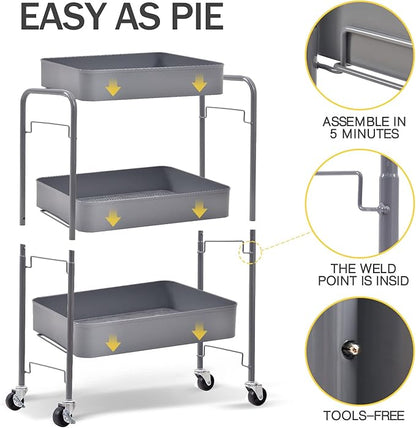 TOOLF 3-Tier Rolling Cart - Metal Utility Storage Organizer with Lockable Wheels, 33 lbs Per Shelf, Tool-Free 5-Min Assembly, for Kitchen Bathroom Office Nursery Craft Room, Grey