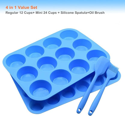 Silicone Muffin Pan Cupcake Set – Non-Stick 12 Cups and Mini 24 Cups,Silicone Baking Molds,BPA Free Muffin Tin with 1 Spatula & 1 Oil Brush (blue)