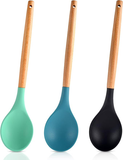 3 Pcs Large Silicone Wooden Handle Mixing Spoons - Nonstick Heat-Resistant Kitchen Mixing Tools (Green, Blue, Black)