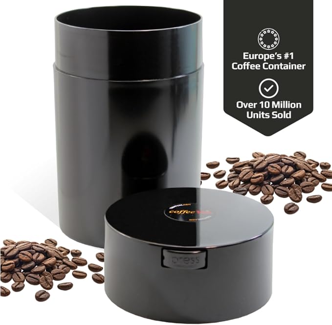COFFEEVAC 1 LB Airtight Coffee Bean Storage Container, Patented Vacuum Seal, Coffee Grounds Container, 1.85L, Smell Proof, Black Cap and Body