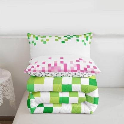 Manfei Pixelated Style Bedding Set King Size,Geometric Camouflage Grid Comforter Set with 2 Pillowcases,Video Games Bed Quilt,Pink Green Quilt Sets Home Decor,Women Men Birthday Gift